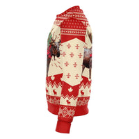 Side/back hoodie sweatshirt with moose graphic, red knit cuffs, red/cream patterned panels
