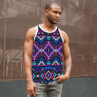 Men's all-over tribal tank top in purple, teal, and pink geometric print