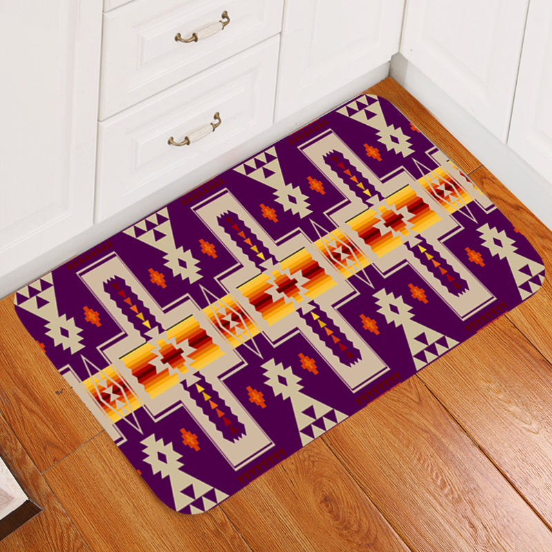 Colorful purple doormat with Native American geometric patterns and border