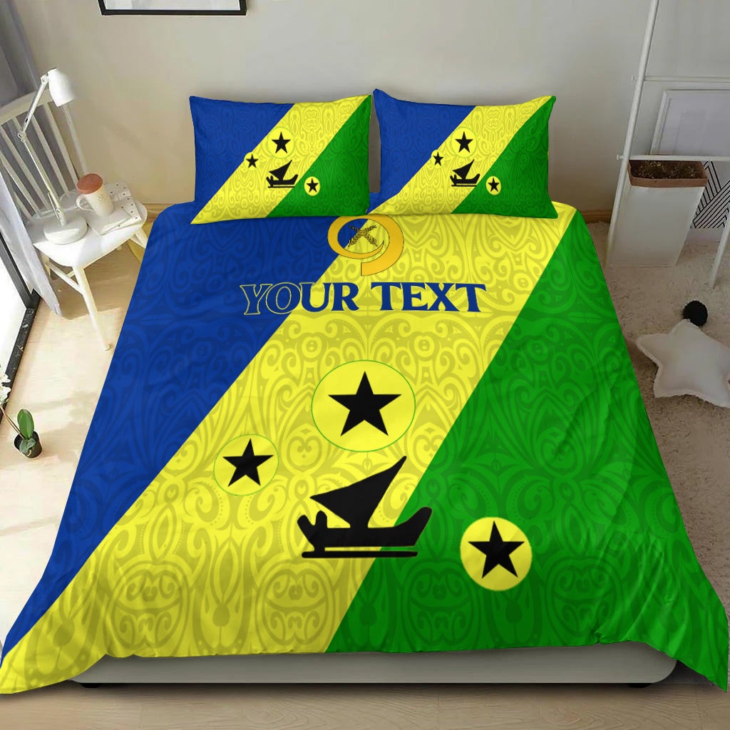 Malampa flag-style duvet cover with “YOUR TEXT”, blue, yellow and green with star icons