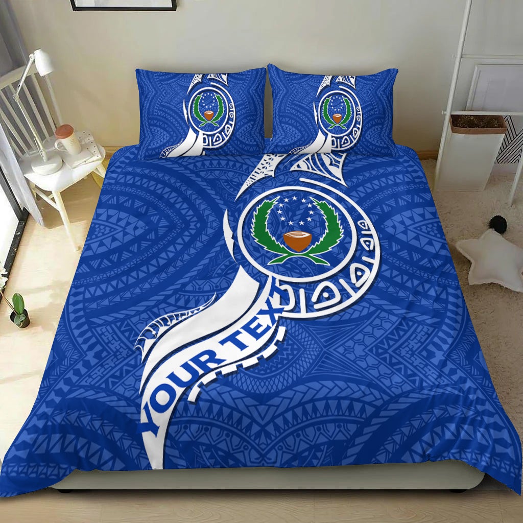 Blue duvet cover with Pohnpei Micronesia Pride emblem and curved white banner