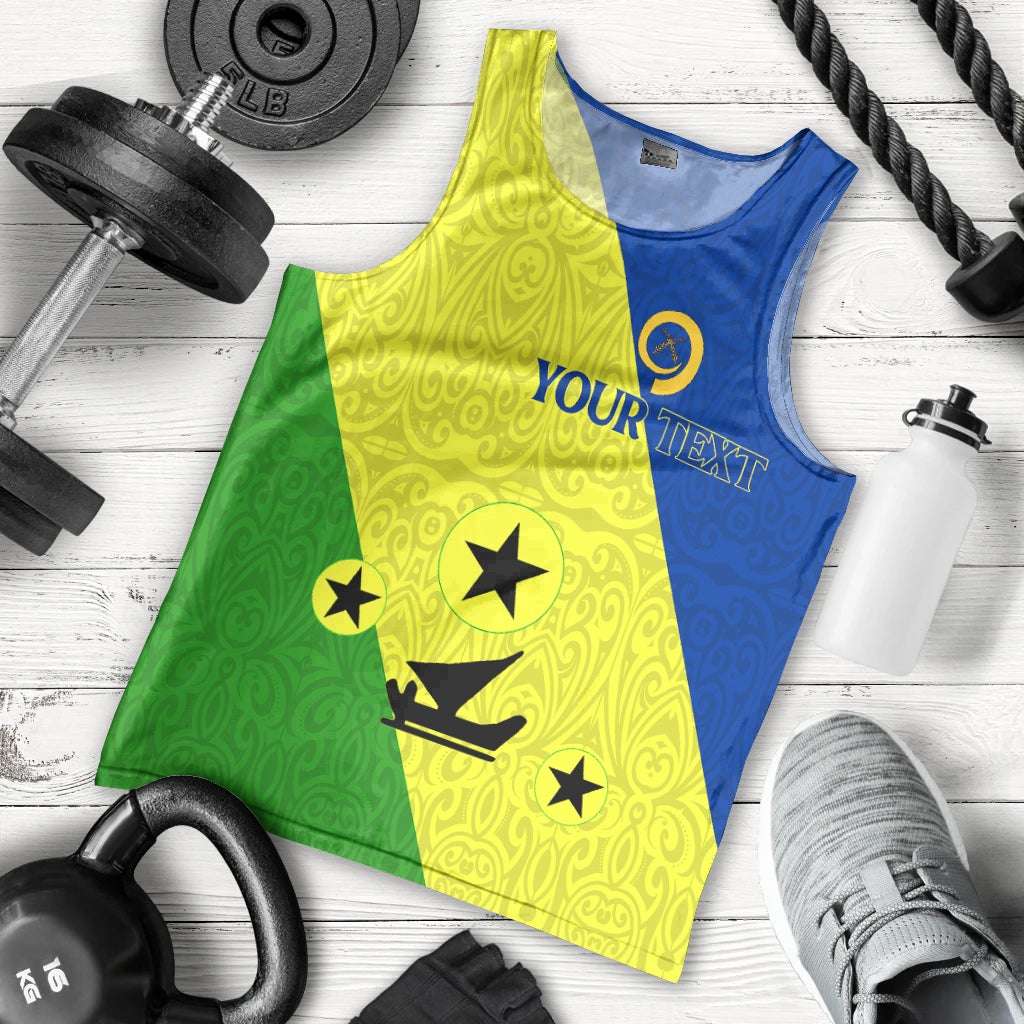 Flat lay of green men’s tank top with blue/yellow Malampa flag print and YOUR TEXT.