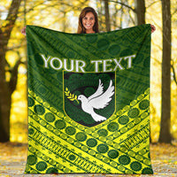 Green personalized Tailevu rugby blanket with “YOUR TEXT” and white dove