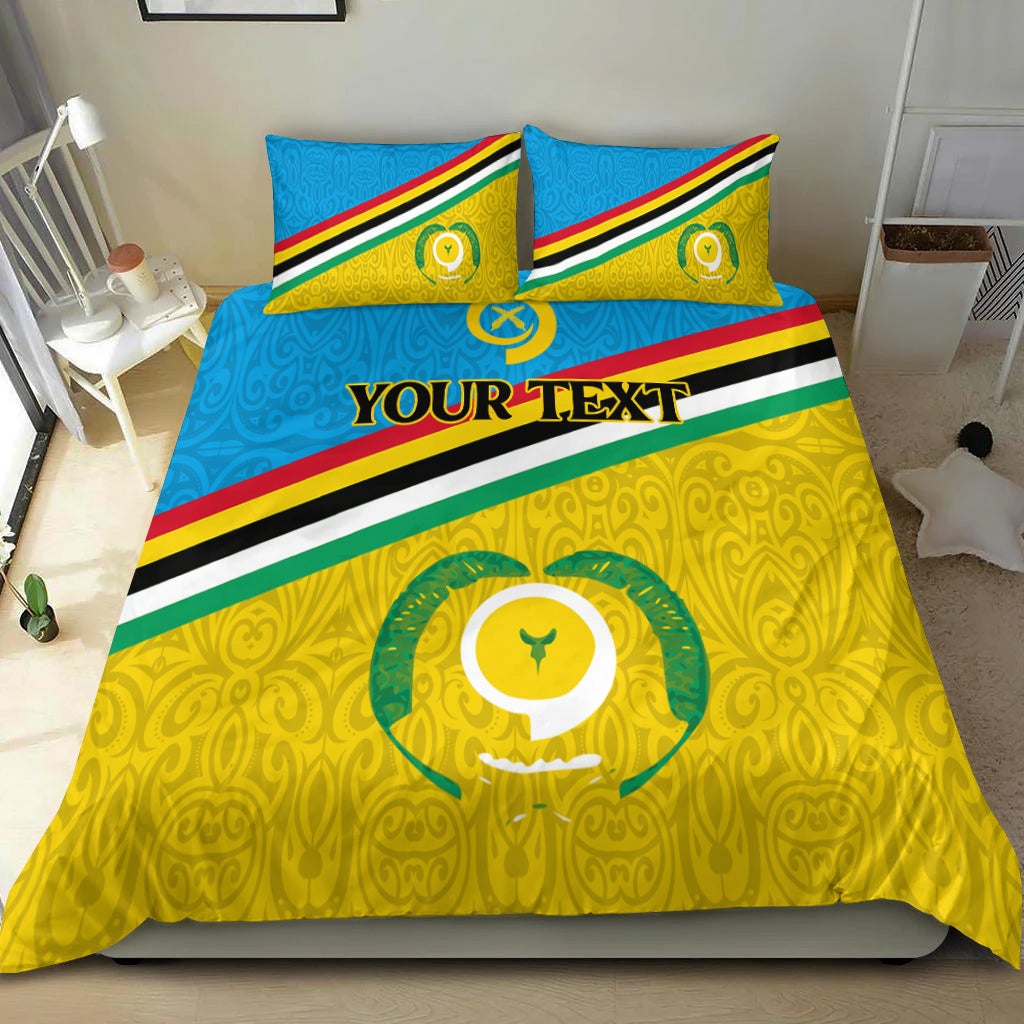 Juego edredón Vanuatu Torba azul: franja, escudo verde y 'YOUR TEXT'