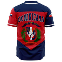 Dominican baseball jersey back view in red with navy wordmark and crest