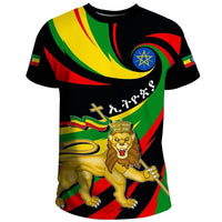Black graphic T-shirt with lion, Ethiopian flag accents, and circular emblem