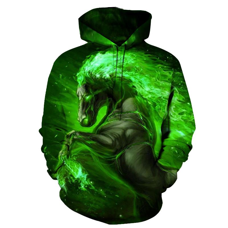 Green horse 3D art all-over pullover hoodie, hood with drawstring