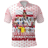 White England polo shirt with pink hex pattern, red–white crest graphic, front view