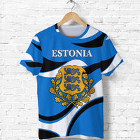 Estonia sporty T-shirt, blue with black/white stripes and lion crest, front view
