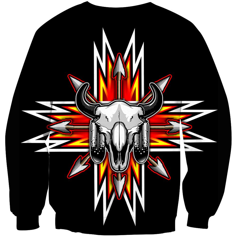 Black sweatshirt, full front: striped arrow burst behind 3D bison head art