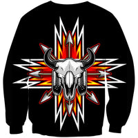 Black sweatshirt, full front: striped arrow burst behind 3D bison head art