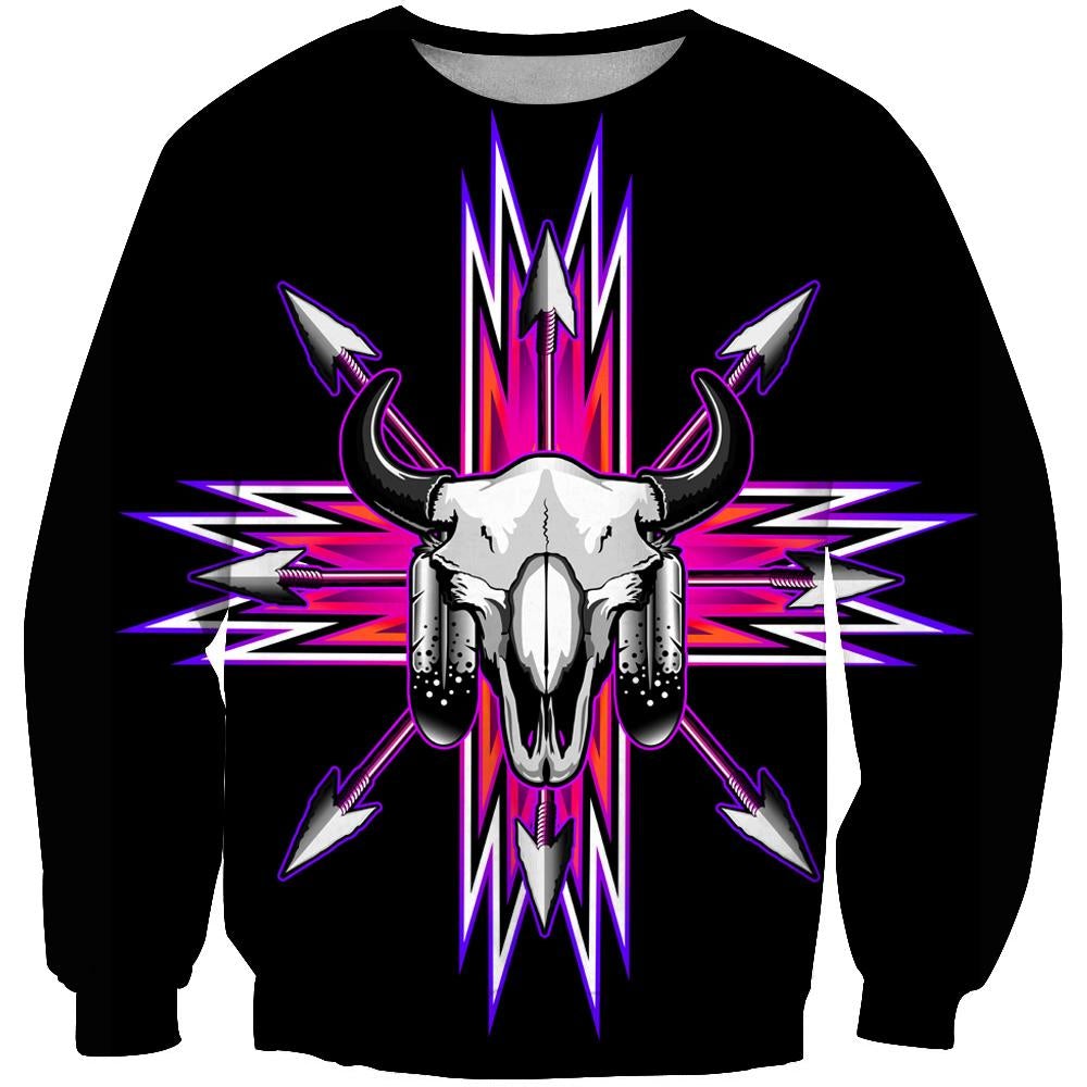 Black unisex crewneck sweatshirt with 3D bison head and pink/purple arrow graphic