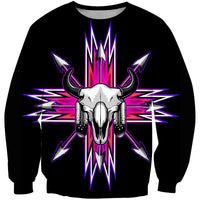 Black unisex crewneck sweatshirt with 3D bison head and pink/purple arrow graphic