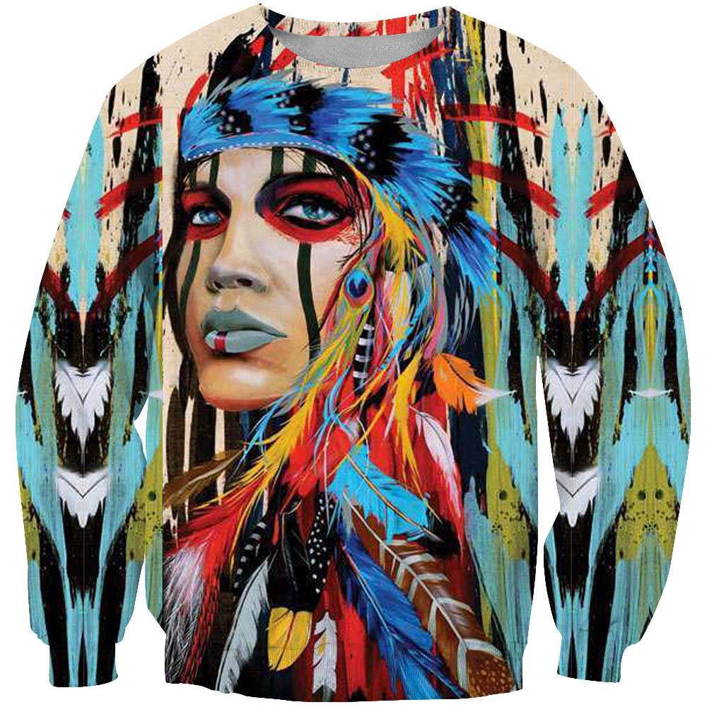 Multicolor 3D printed Native woman face sweatshirt, long sleeves, crew neckline