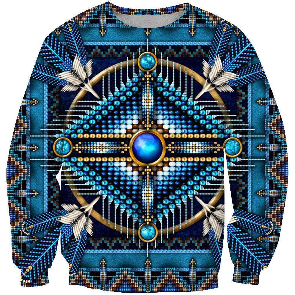 Blue 3D printed sweatshirt with central mandala-style Native American circular emblem