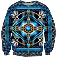 Blue 3D printed sweatshirt with central mandala-style Native American circular emblem