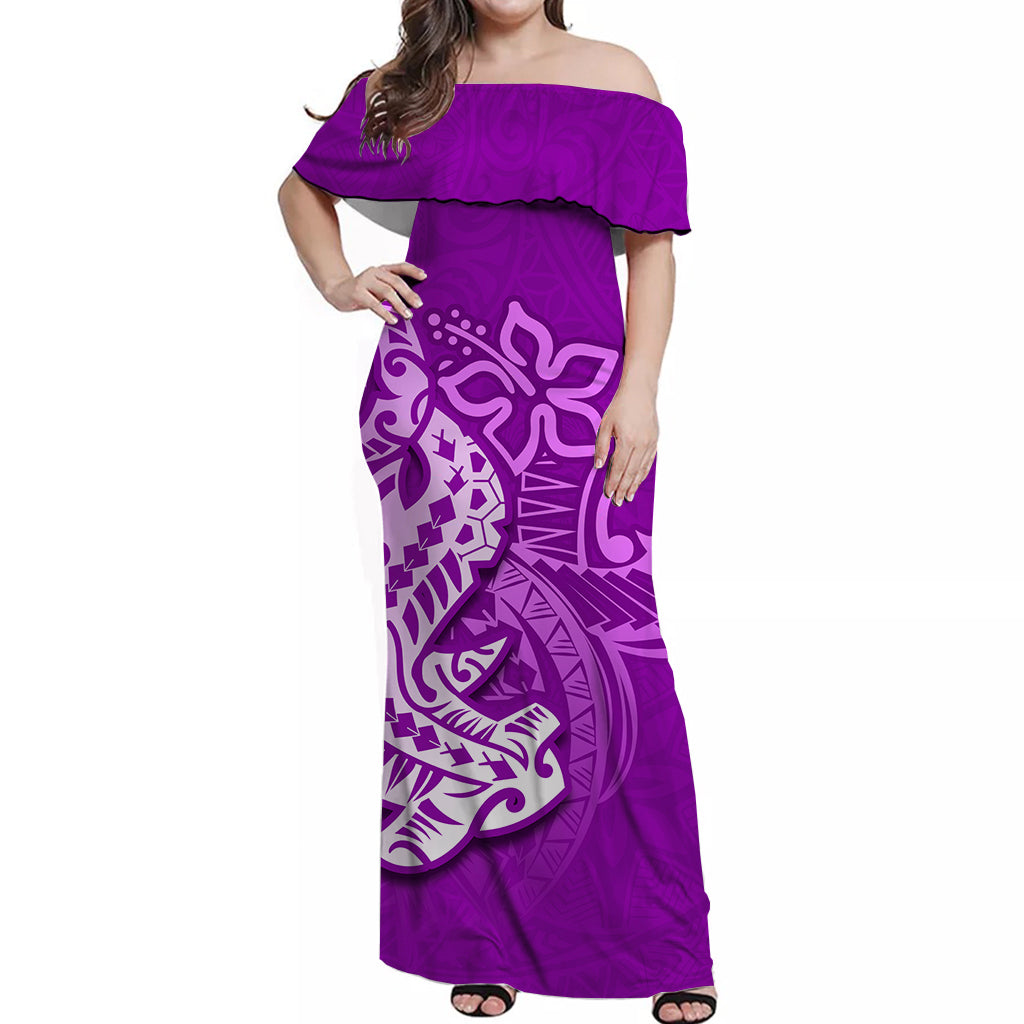 Purple off-shoulder maxi dress with large tribal shark print and ruffled neckline
