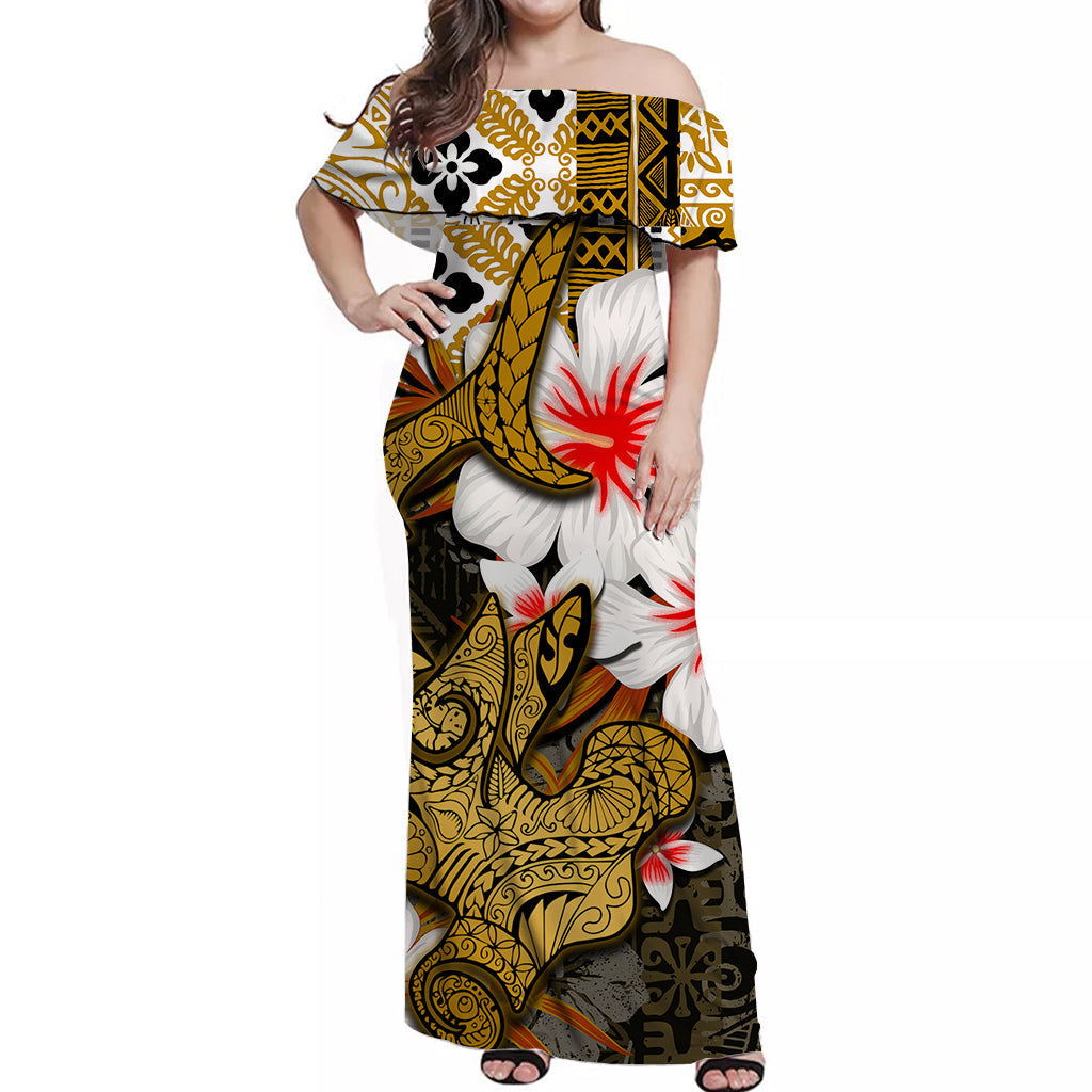 Hawaiian off-shoulder maxi dress, front view, gold black white floral tribal pattern
