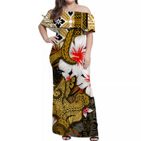 Hawaiian off-shoulder maxi dress, front view, gold black white floral tribal pattern