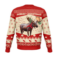 Back view: Moose Merry Christmas sweatshirt, red & cream fair-isle patterns and maples