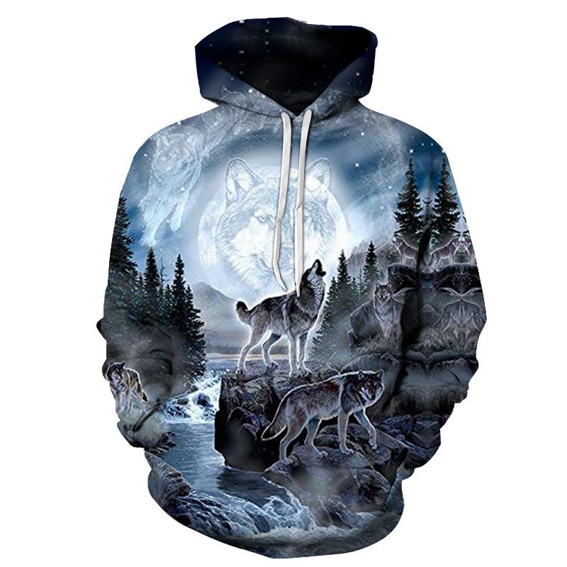 Wolf all-over pullover hoodie with dark forest and moon graphic, multicolor