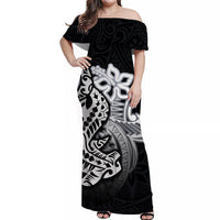 Off-shoulder floor-length dress in black with white/gray hammerhead shark print