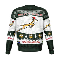 Back of Springboks Christmas sweatshirt with 'MERRY CHRISTMAS' and kangaroo/flowers design