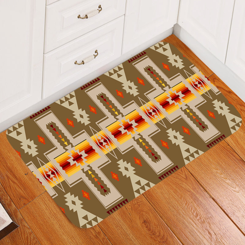 Light brown doormat with Native-style geometric tribe pattern in multicolor