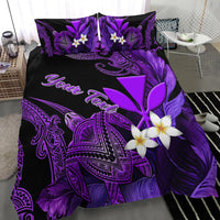 Black bedding set with purple turtle and tropical leaf print, white plumeria flower accents