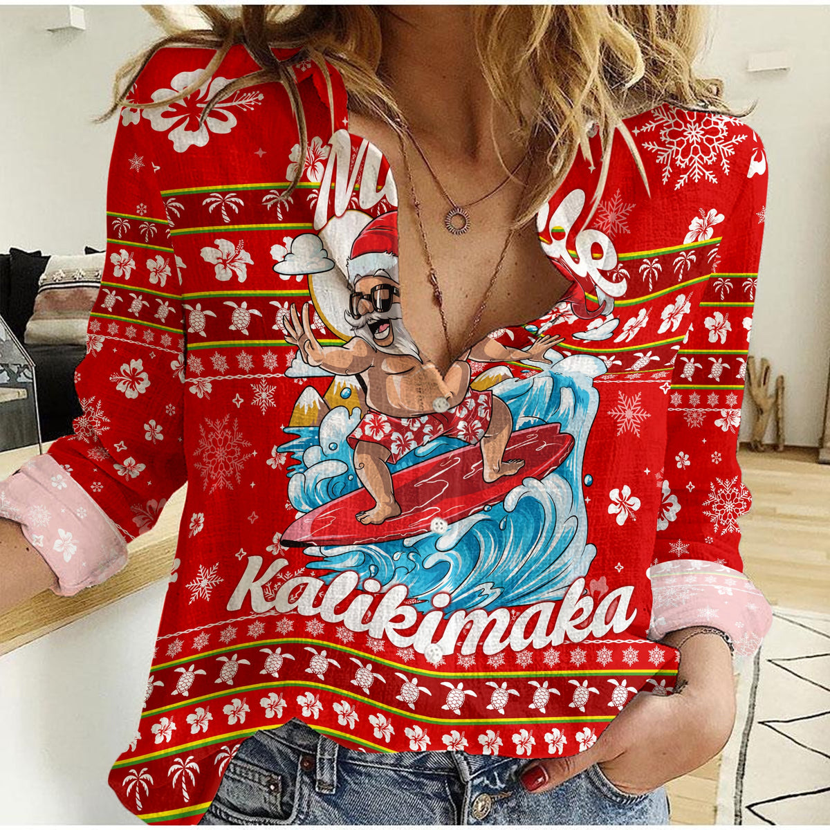 Red women’s casual shirt with Christmas surf Santa and ocean waves graphic
