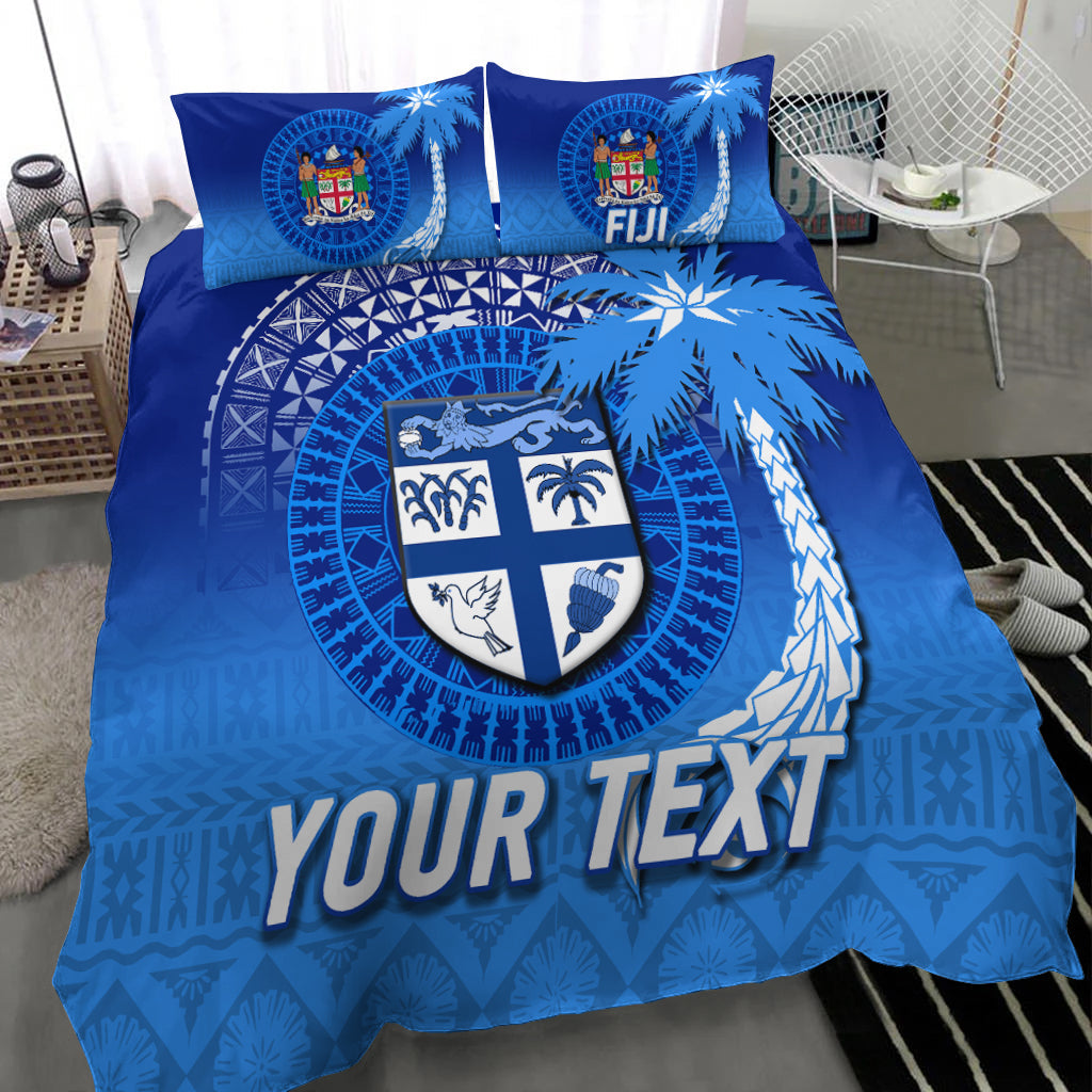 Blue duvet cover with Fiji crest shield, palm fronds, tribal patterns, and YOUR TEXT; 2 pillowcases