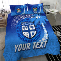 Blue duvet cover with Fiji crest shield, palm fronds, tribal patterns, and YOUR TEXT; 2 pillowcases