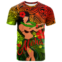 Multicolor hula girl graphic T-shirt with tribal patterns and red Aloha lettering