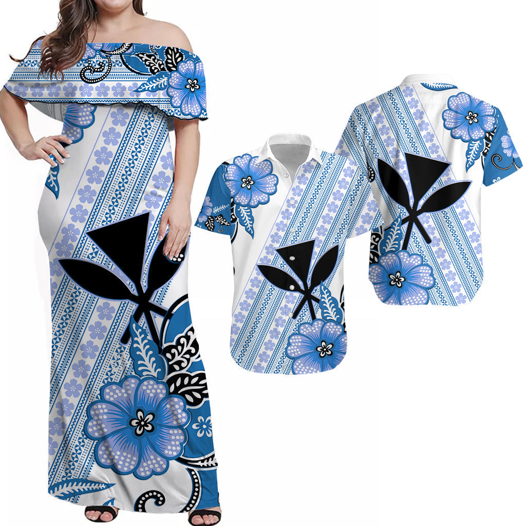 Blue off-shoulder maxi dress with tribal batik floral print and long length