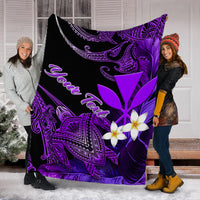 Black Hawaiian blanket with purple turtle, plumeria flowers, and custom name script