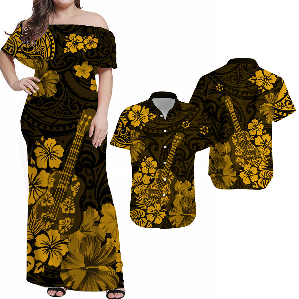 Matching Hawaiian dress and short-sleeve shirt set in dark print with gold flowers