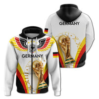 White pullover football hoodie with black hood, Germany logo, eagle wings, flag details