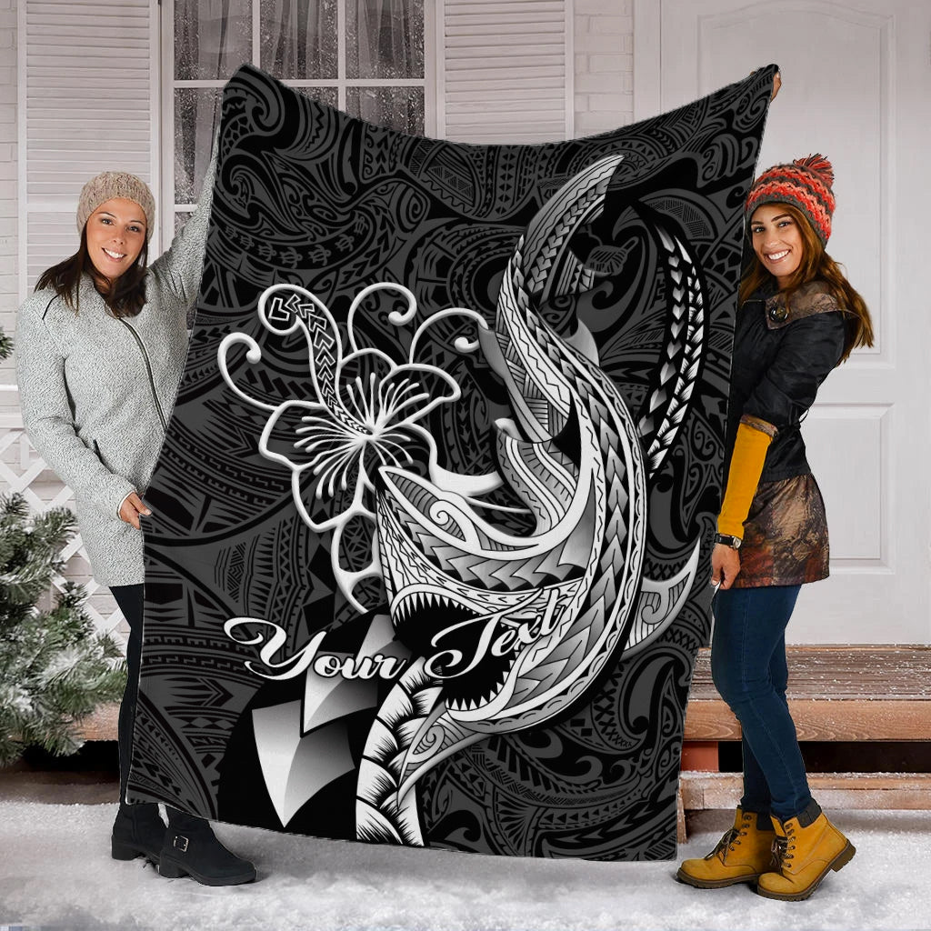 Black Polynesian shark tattoo blanket stretched by two people, white tribal shark artwork