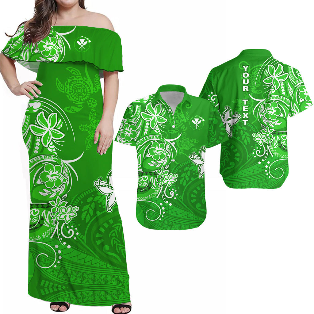 Green off-shoulder maxi dress with white honu and floral Polynesian pattern