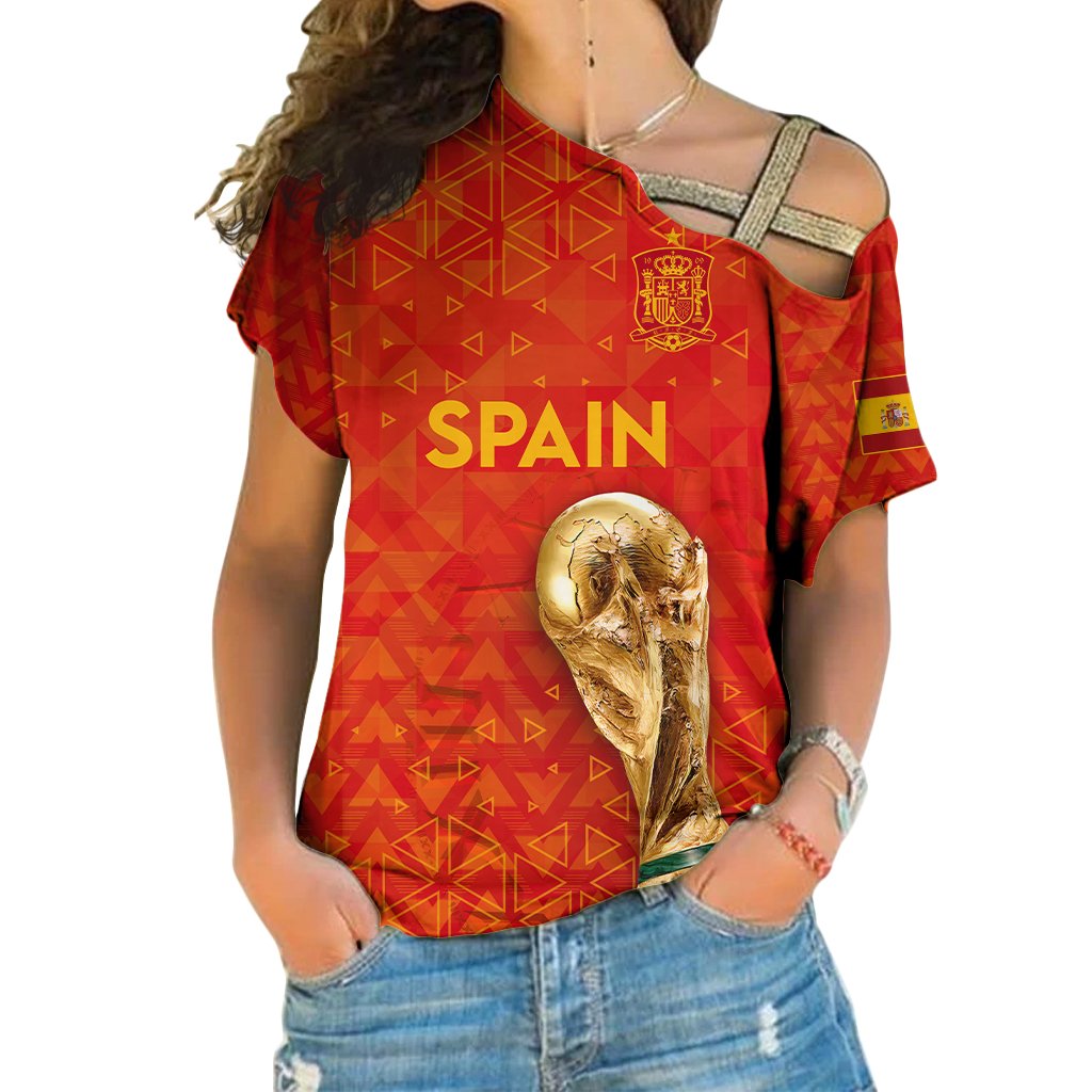 Red Spain football-style cross-shoulder shirt with trophy and team crest graphic
