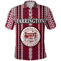 Maroon polo shirt with large Farrington logo over school crest, short sleeves, front view