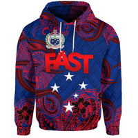 Blue pullover hoodie with red tribal FAST graphic and stars