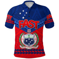 Blue and red custom FAST party polo shirt with Samoa shield front print