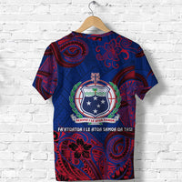 Blue Samoa-themed T-shirt with crest emblem and red tribal print