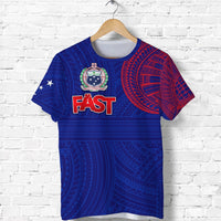 Blue graphic T-shirt with FAST text and Samoa emblem on front