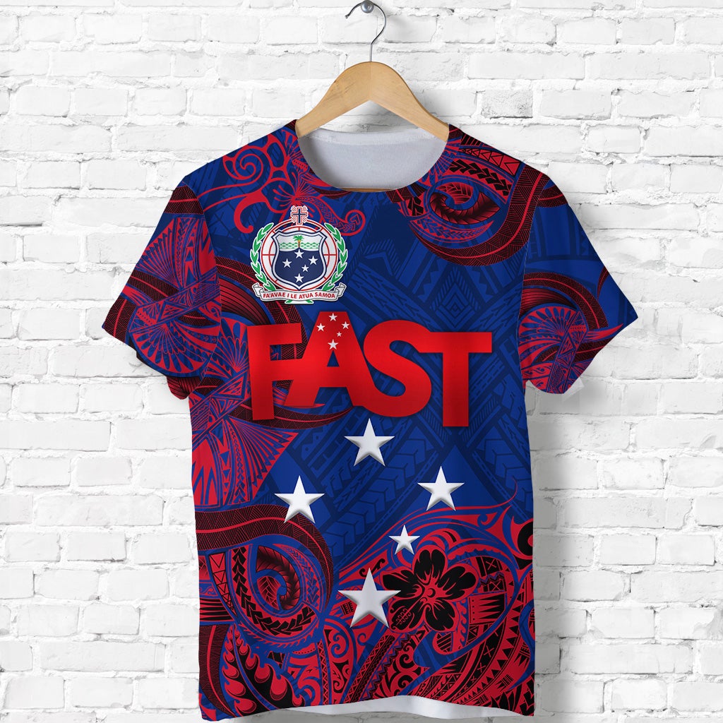 Blue FAST party T-shirt with red tribal pattern and star graphics