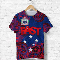 Blue FAST party T-shirt with red tribal pattern and star graphics