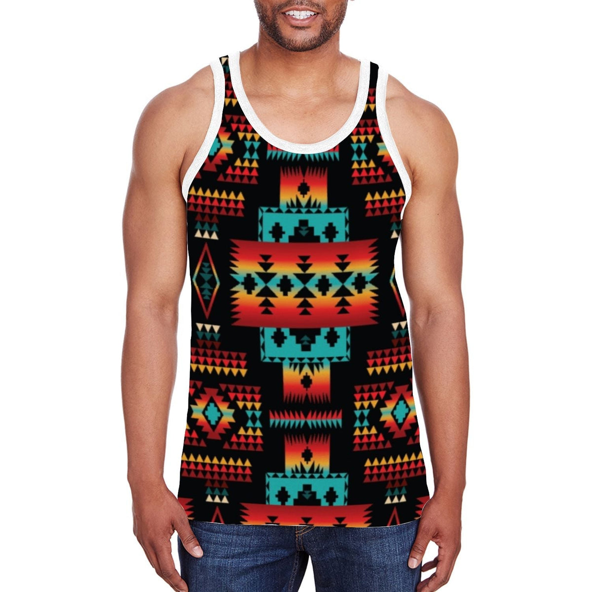 Front view: crew-neck tank with red, teal, yellow geometric tribal pattern