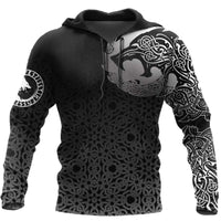 Black pullover hoodie with large wolf head graphic and Celtic knot sleeves, front view