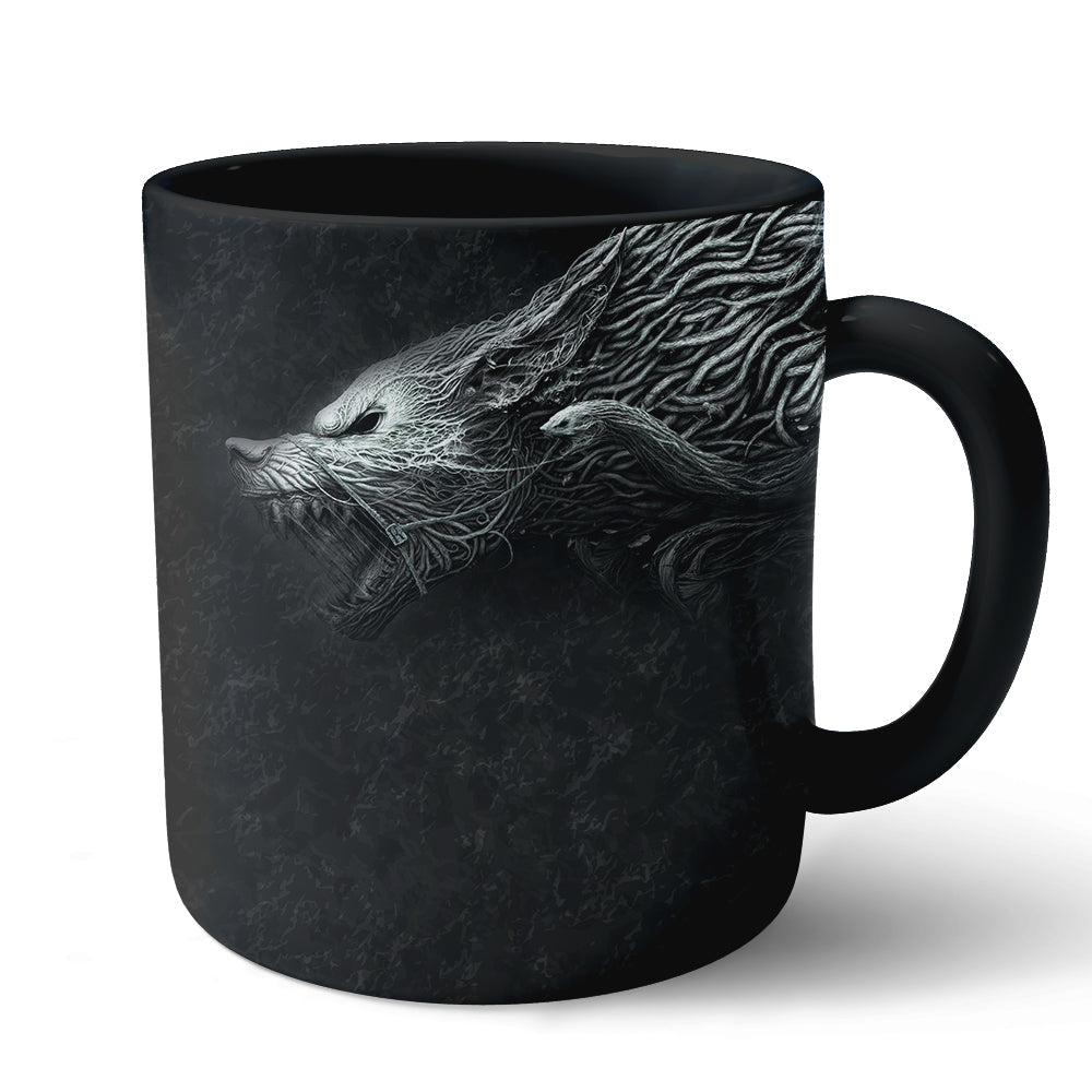 11oz black mug with grayscale wolf graphic on front, side handle